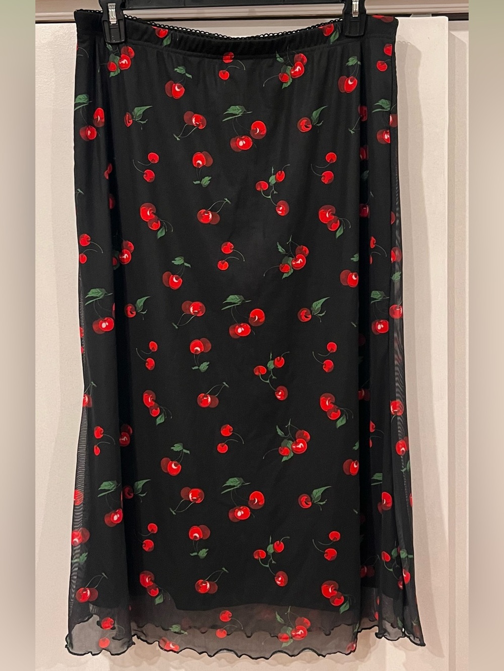 SHEIN Black Midi Skirt with Red Cherry Print